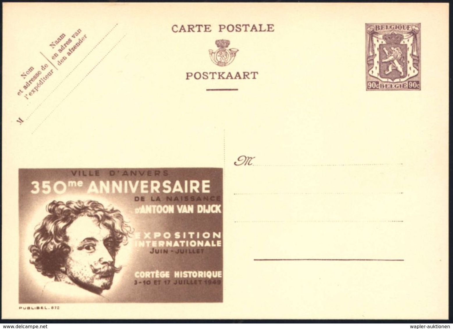 BELGIEN 1948 90 C. Reklame-P Löwe, Braunlila: 350me ANNIVERSAIRE/..A.VAN DIJCK  = Jubil.-Ausstellung Van Dijck 1949 (Kop - Andere & Zonder Classificatie