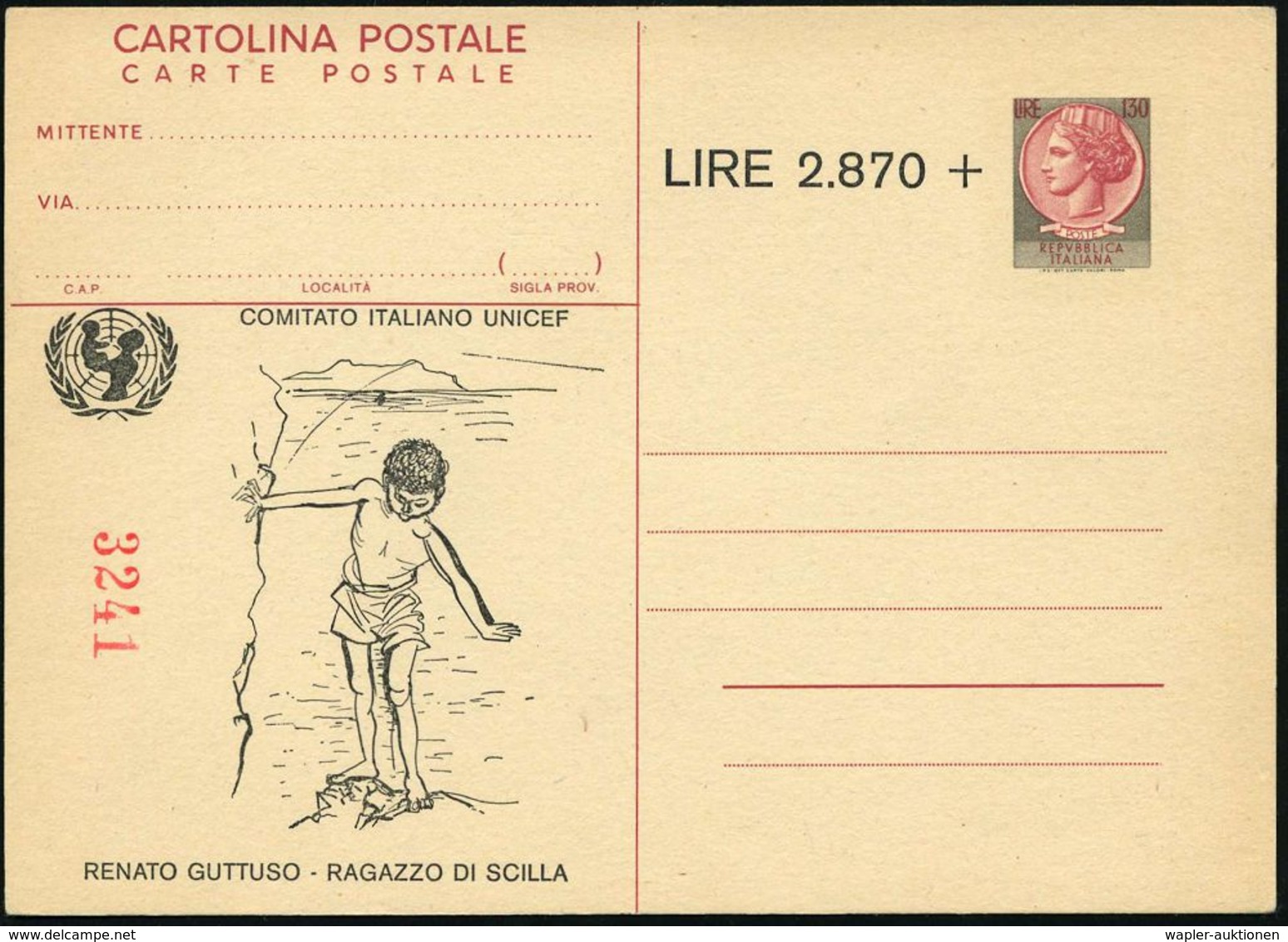 ITALIEN 1977 Amtl. P 130 L. "Italia" + Spenden-Zudruck: 2.870 LIRE: COMITATO ITALIANO UNICEF = RENATO GUTTUSO "RAGAZZO D - Altri & Non Classificati