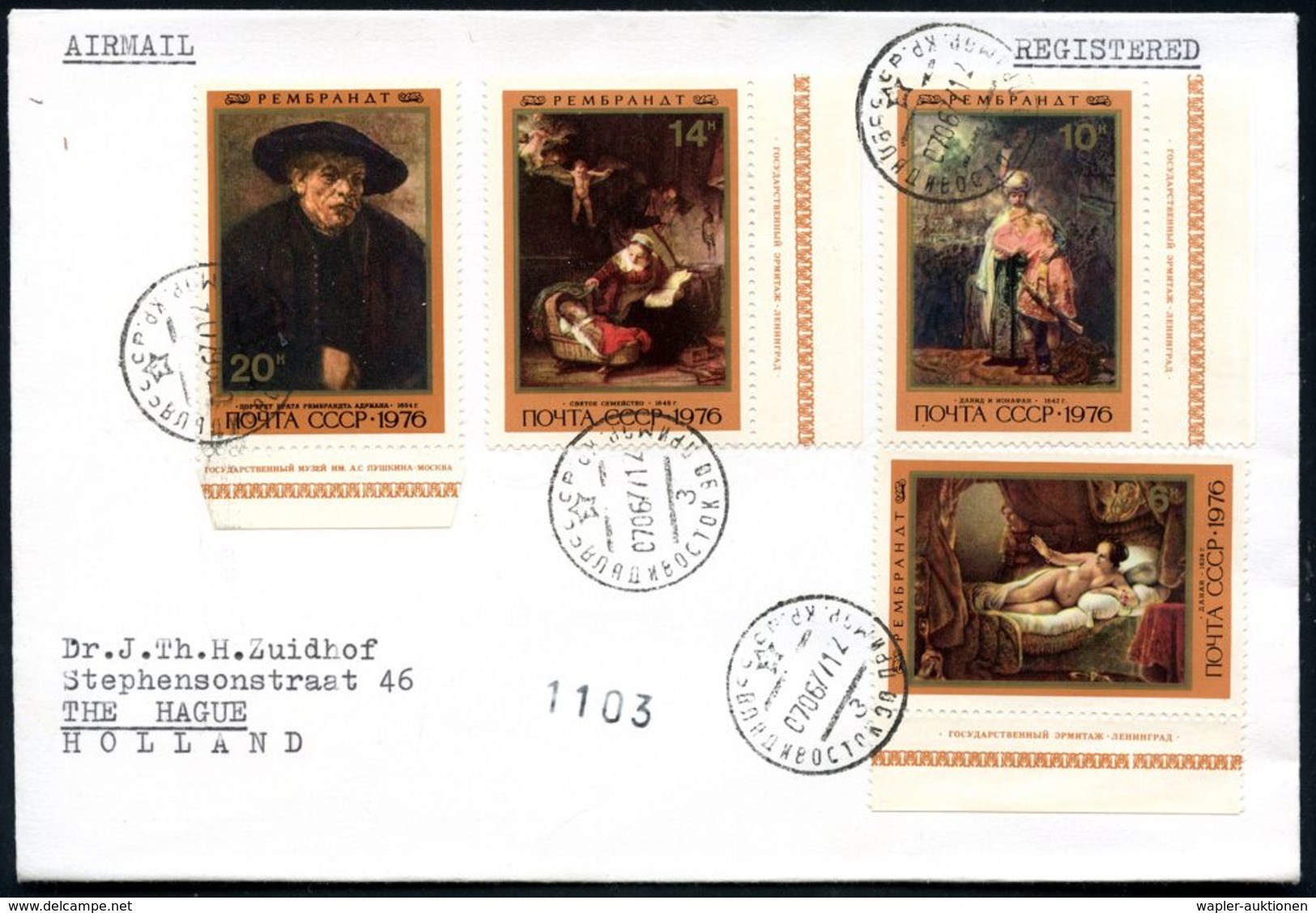 UdSSR 1977 (7.6.) "370. Geburtstag Rembrandt", Kompl. Satz + Block + R-Paginierstempel (ohne Ort) 2 Ausl.-R-Briefe N. Ho - Autres & Non Classés