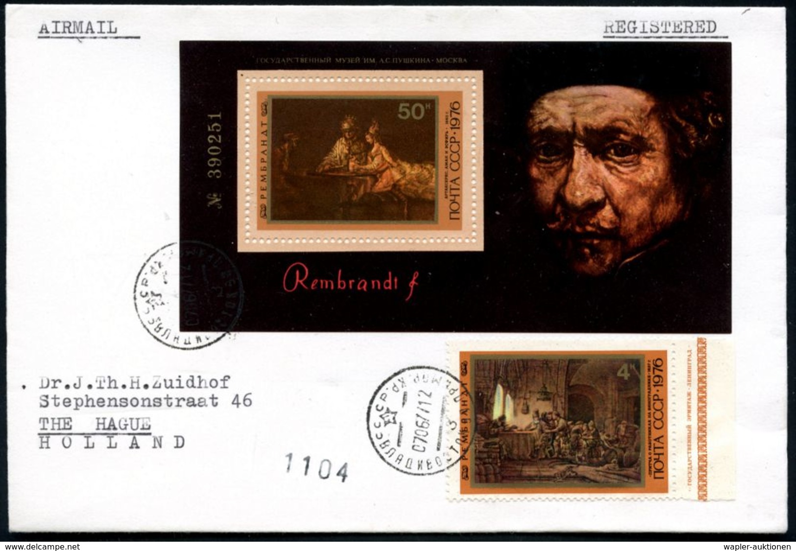 UdSSR 1977 (7.6.) "370. Geburtstag Rembrandt", Kompl. Satz + Block + R-Paginierstempel (ohne Ort) 2 Ausl.-R-Briefe N. Ho - Sonstige & Ohne Zuordnung