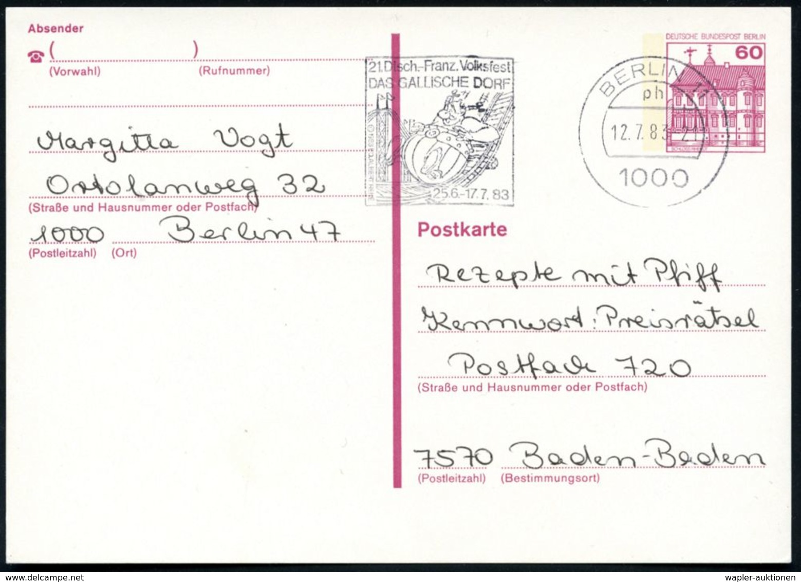 1000 BERLIN 11/ 21.Dtsch.-Franz.Volksfest/ DAS GALLISCHE DORF/ 26.6.-17.7. 1983 MWSt =  O B E L I X  Auf Der Achterbahn  - Comics