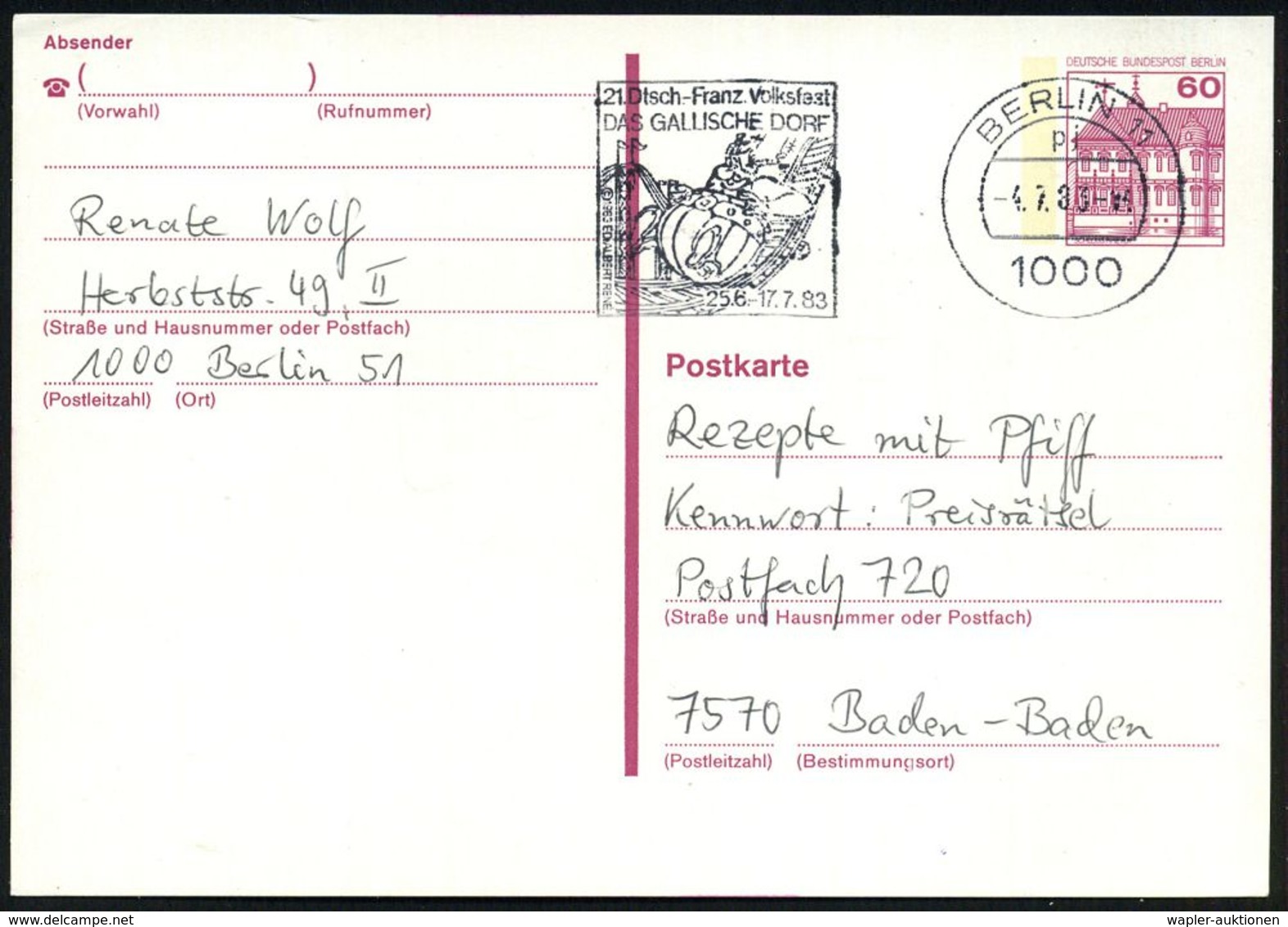 1000 BERLIN 11/ 21.Dtsch.-Franz.Volksfest/ DAS GALLISCHE DORF/ 26.6.-17.7. 1983 MWSt =  O B E L I X  Auf Der Achterbahn  - Stripsverhalen