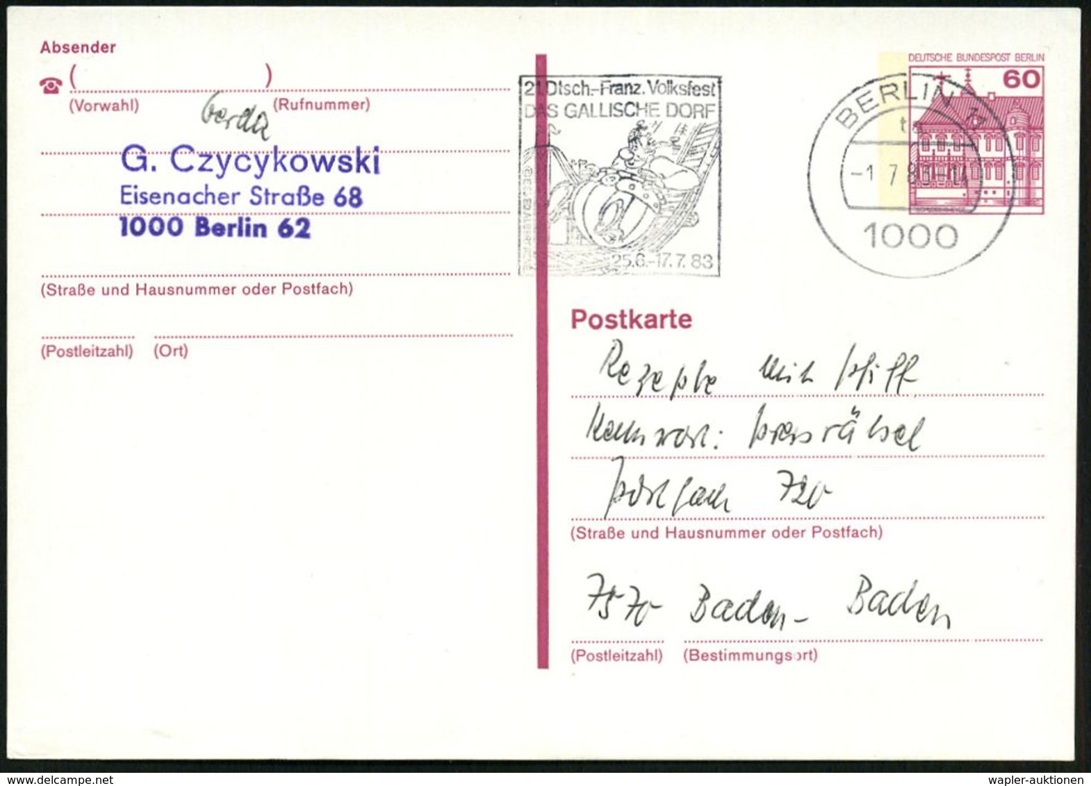 1000 BERLIN 11/ 21.Dtsch.-Franz.Volksfest/ DAS GALLISCHE DORF/ 26.6.-17.7. 1983 MWSt =  O B E L I X  Auf Der Achterbahn  - Stripsverhalen