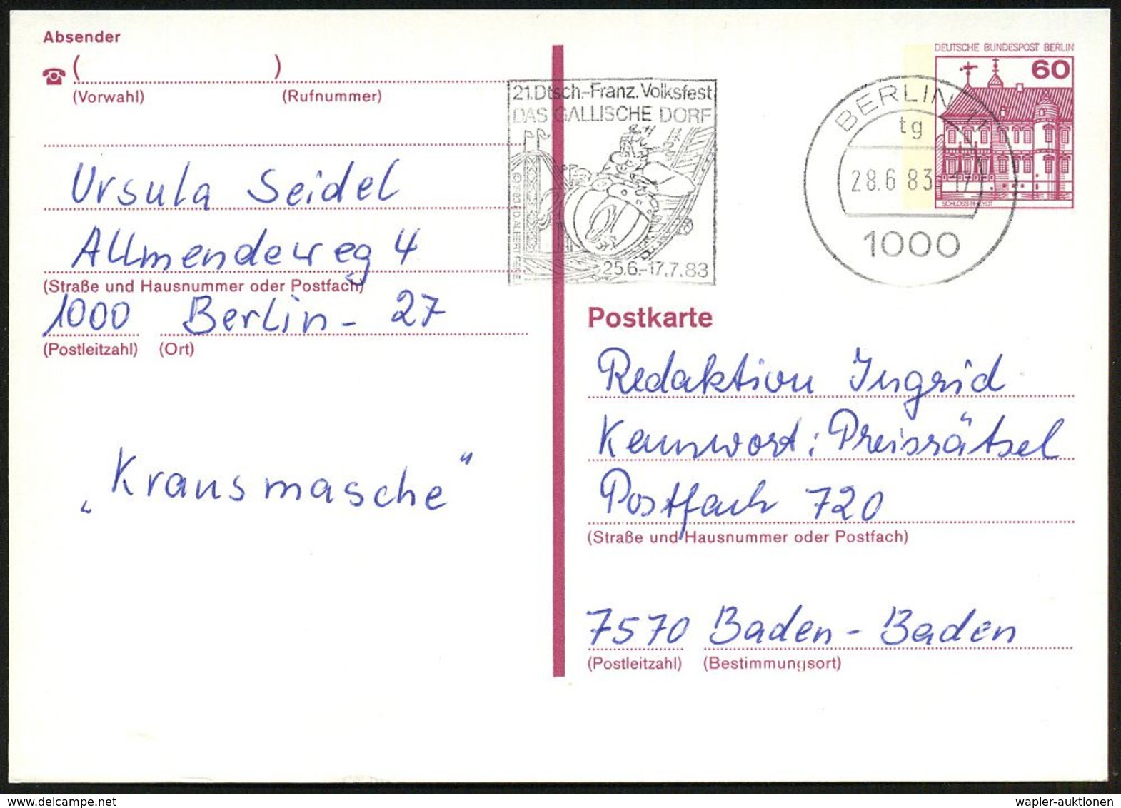 1000 BERLIN 11/ 21.Dtsch.-Franz.Volksfest/ DAS GALLISCHE DORF/ 26.6.-17.7. 1983 MWSt =  O B E L I X  Auf Der Achterbahn  - Fumetti