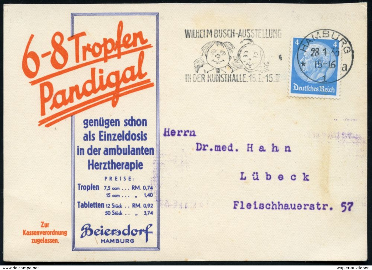 HAMBURG/ *1a/ WILHELM BUSCH-AUSSTELLUNG/ IN DER KUNSTHALLE.. 1933 (3.2.) MWSt = "Max & Moritz" , Klar Gest. Bedarfs-Kt.  - Stripsverhalen