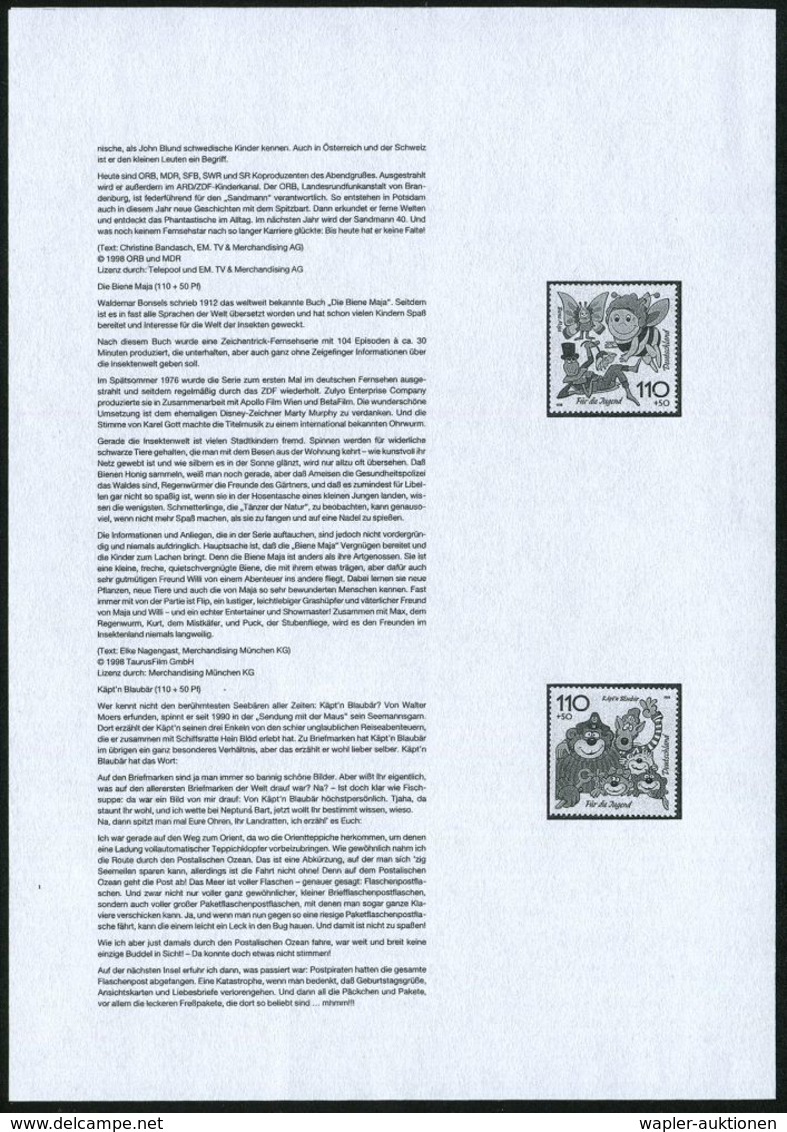 B.R.D. 1998 Jugendmarken, Kompl. Satz = Trickfilm- U. Comic-Figuren Alle Mit Amtl. Handstempel  "M U S T E R" , Postfr.  - Comics