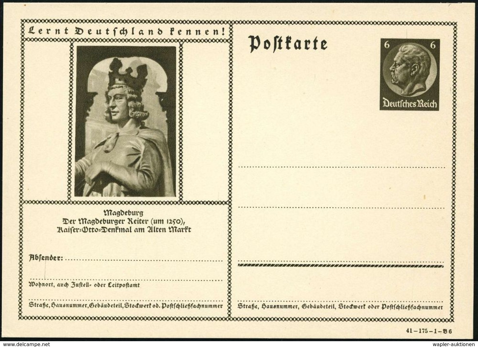 Magdeburg 1941 6 Pf. BiP Hindenbg. , Braun: Der Magdeburger Reiter (um 1250), Kaiser-Otto-Denkmal (Skulptur), Ungebr. (M - Beeldhouwkunst