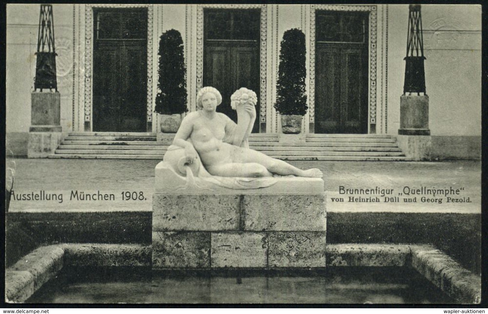 MÜNCHEN 1908/ AUSSTELLUNG 1908 (14.9.) SSt (3-Zeiler) Auf PP 5 Pf. Wappen, Grün: Brunnenfigur "Quellnymphe".. (u. Eingan - Beeldhouwkunst