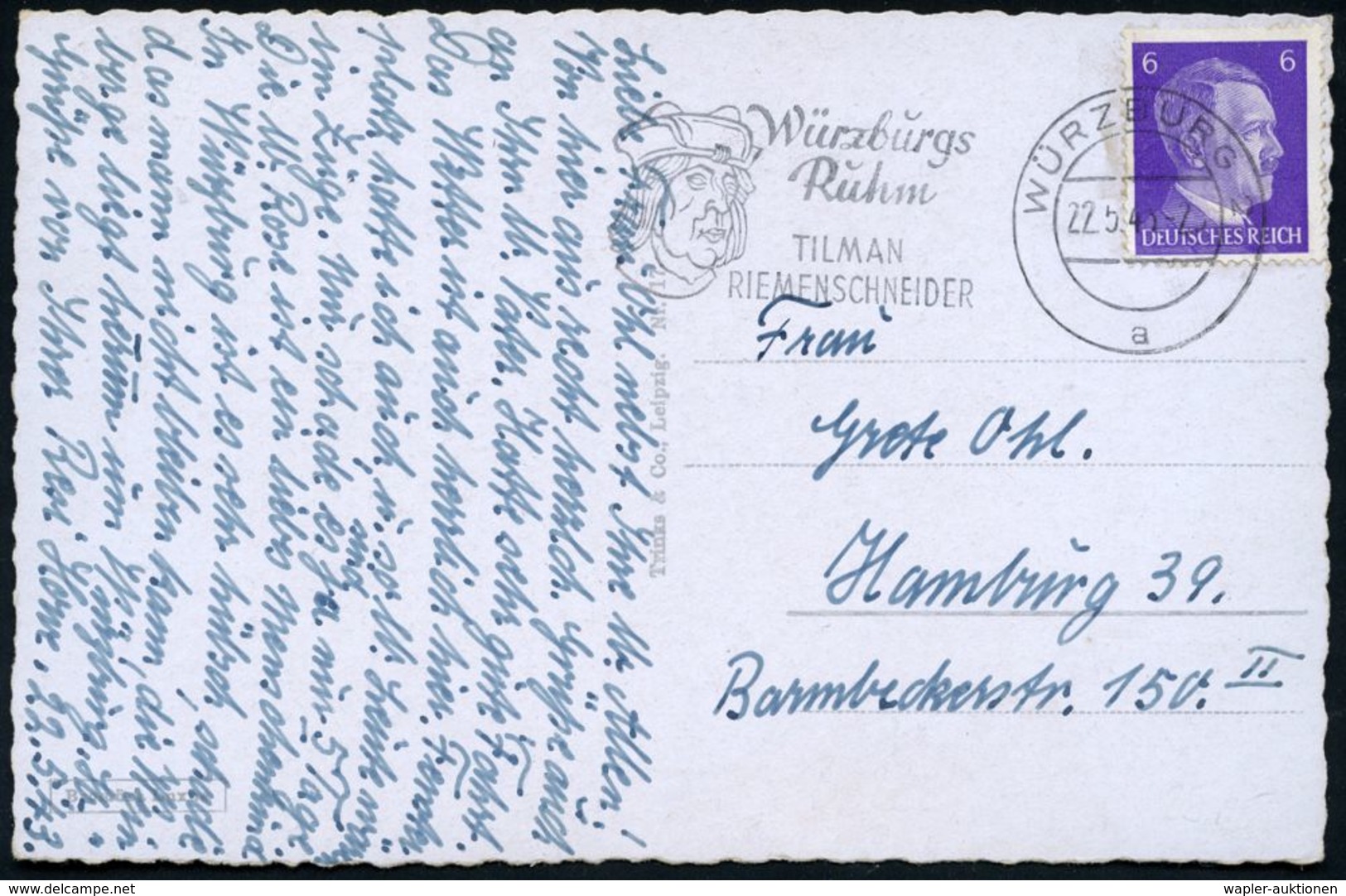 WÜRZBURG 2/ A/ Würzburgs/ Ruhm/ TILMAN/ RIEMENSCHNEIDER 1943 (22.5.) Seltener  MWSt = Kopfbild Riemenschneider (mit Mütz - Scultura