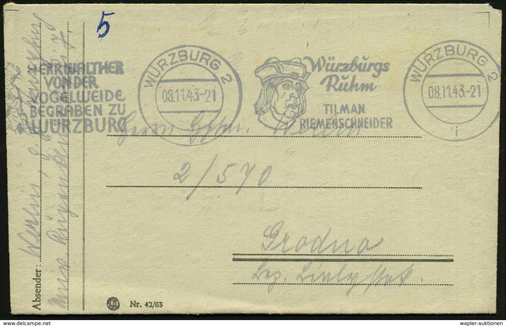 WÜRZBURG 2/ I/ Würzburgs/ Ruhm/ TILMAN/ RIEMENSCHNEIDER.. 1943 (8.11.) Seltener BdMWSt., 2 Texte = Kopfbild Riemenschnei - Beeldhouwkunst