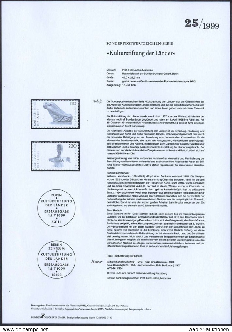 B.R.D. 1999 "Kulturstiftung Der Länder" 110 Pf. Ernst Barlach "Lachende Alte" U. 220 Pf. W. Lehmbruck "Kopf Eines Denker - Scultura