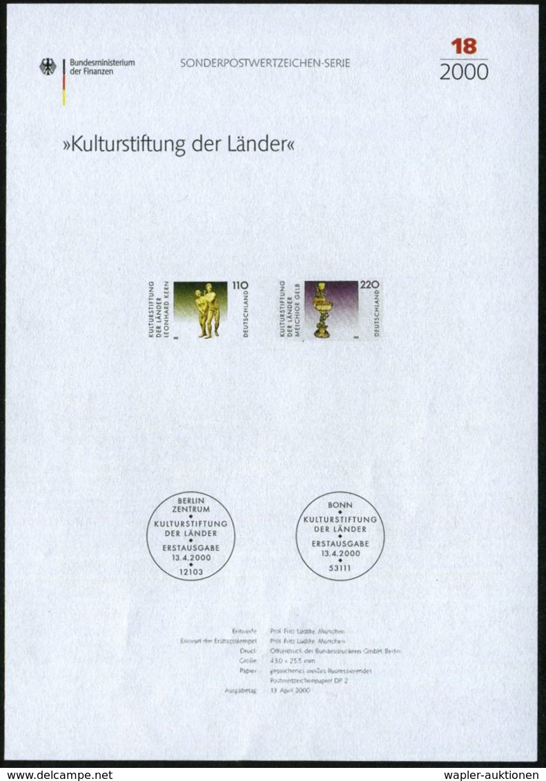 B.R.D. 2000 (Apr.) "Kulturstiftung Der Länder" 110 Pf.  "Vertreibung Aus Dem Paradies" , Elfenbeinskulptur Von Leonhard  - Sculpture