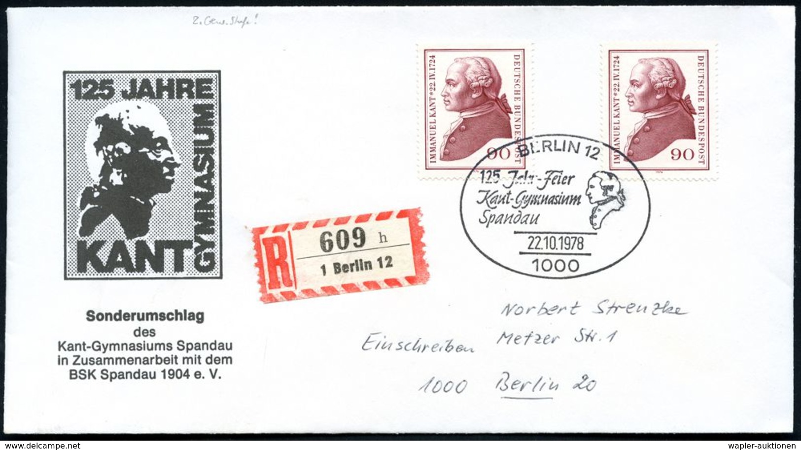 1000 BERLIN 12/ 125 Jahr-Feier/ Kant-Gymnasium/ Spandau 1978 (22.10.) SSt = Kant-Büste , 2x Auf 2x 90 Pf. Immanuel Kant  - Schriftsteller