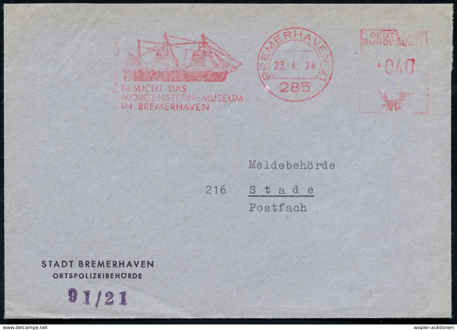 285 BREMERHAVEN 1/ BESUCHT DAS/ MORGENSTERN-MUSEUM.. 1974 (23.4.) AFS (Dampf-Segelschiff) Kommunal-Bf., Christian Morgen - Ecrivains