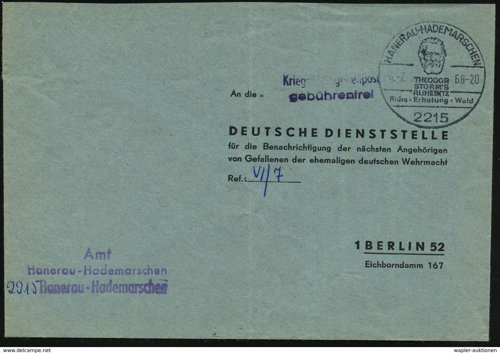 2215 HANERAU-HADEMARSCHEN/ THEODOR/ STORM'S/ RUHESITZ.. 1968 (4.7.) HWSt = Kopfbild + 2L: Kriegsgefangenenpost/ Gebühren - Ecrivains