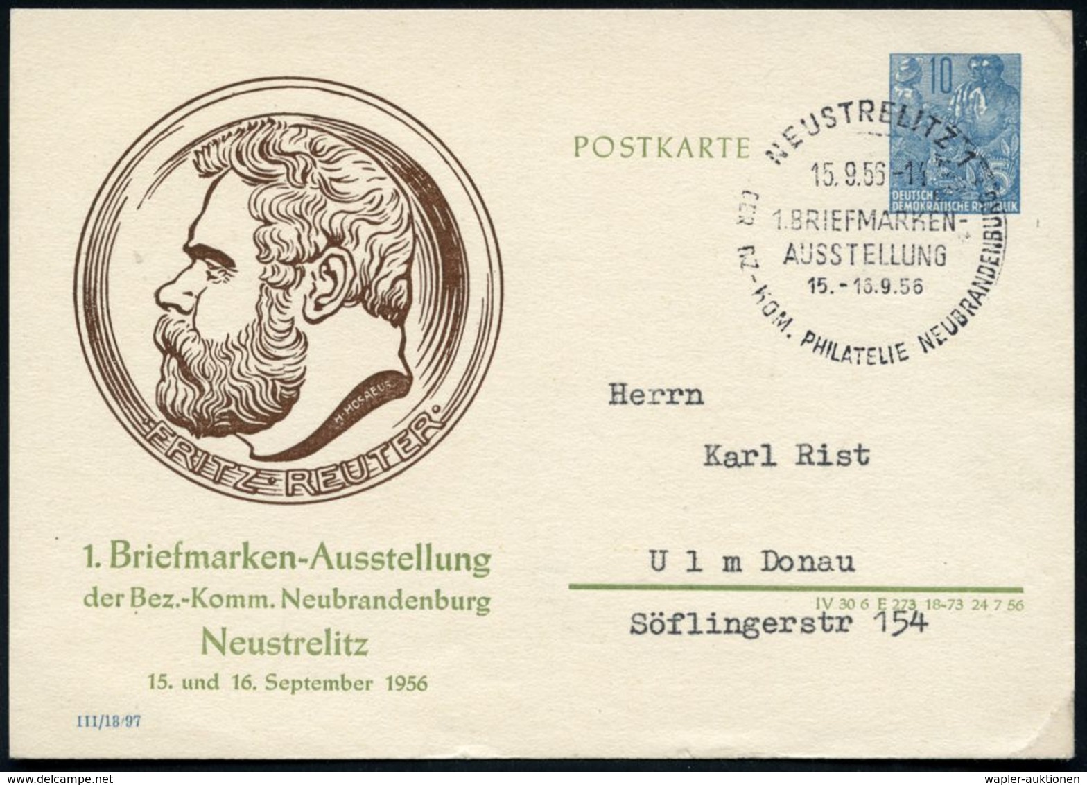 Neustrelitz 1956 (15.9.) PP 10 Pf. Fünfjahrplan, Blau: FRITZ REUTER/1.Briefm.-Ausst. = Reuter-Medaillon (minim. Eckbugsp - Ecrivains