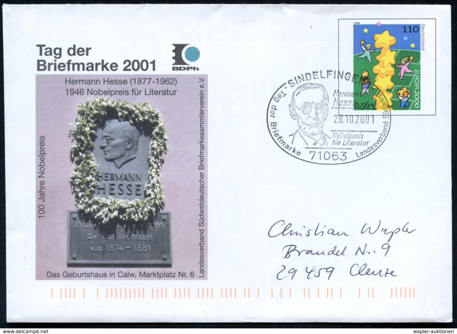 71063 SINDELFINGEN 1/ Hermann/ Hesse/ Nobelpreis/ Für Literatur/ Tag Der Briefmarke 2001 (28.10.) SSt = Brustbild Hesse  - Ecrivains