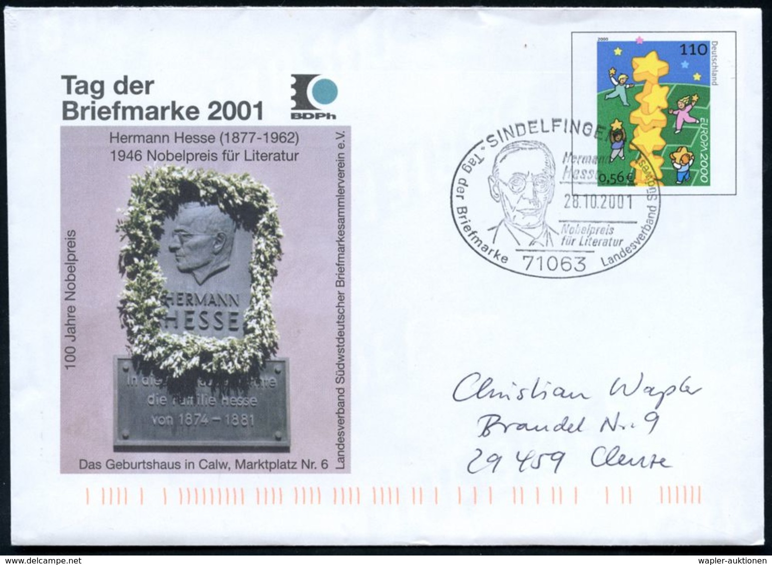 71063 SINDELFINGEN 1/ Hermann/ Hesse/ Nobelpreis/ Für Literatur/ Tag Der Briefmarke 2001 (28.10.) SSt = Brustbild Hesse  - Scrittori