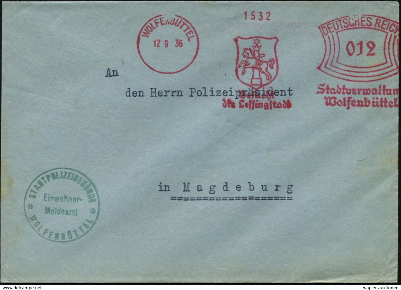 WOLFENBÜTTEL/ Besucht/ Die Lessingstadt/ Stadtverwaltung.. 1936 (12.9.) Dekorativer AFS = Stadtwappen (rechts Minimal Ni - Ecrivains