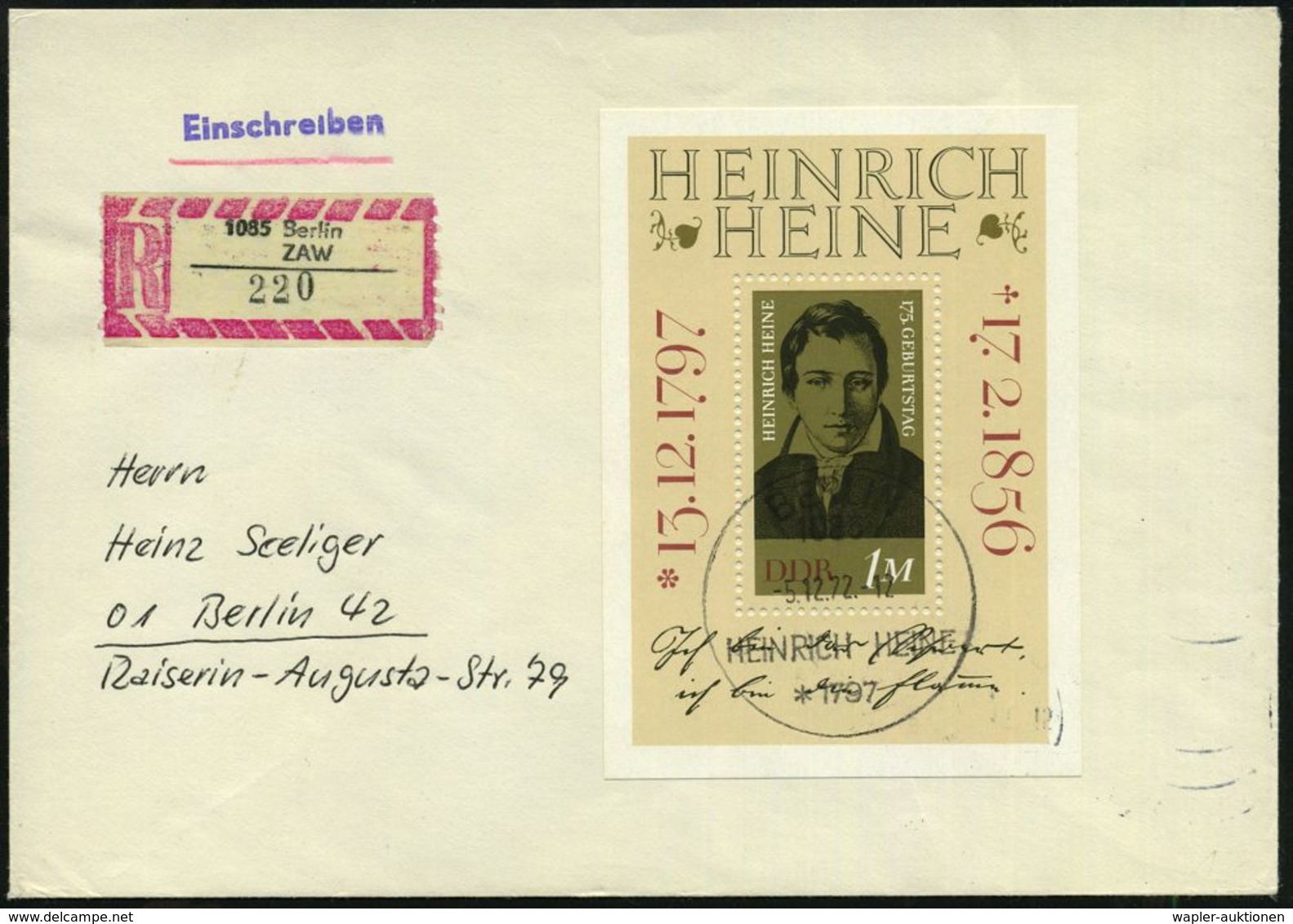 1085 D.D.R. 1972 (5.12.) SSt.: BERLIN/HEINE HEINE/* 1797 Auf EF 1 Mk. Heine-Block (175. Geburtstag) + SRZ: 1085 Berlin / - Ecrivains