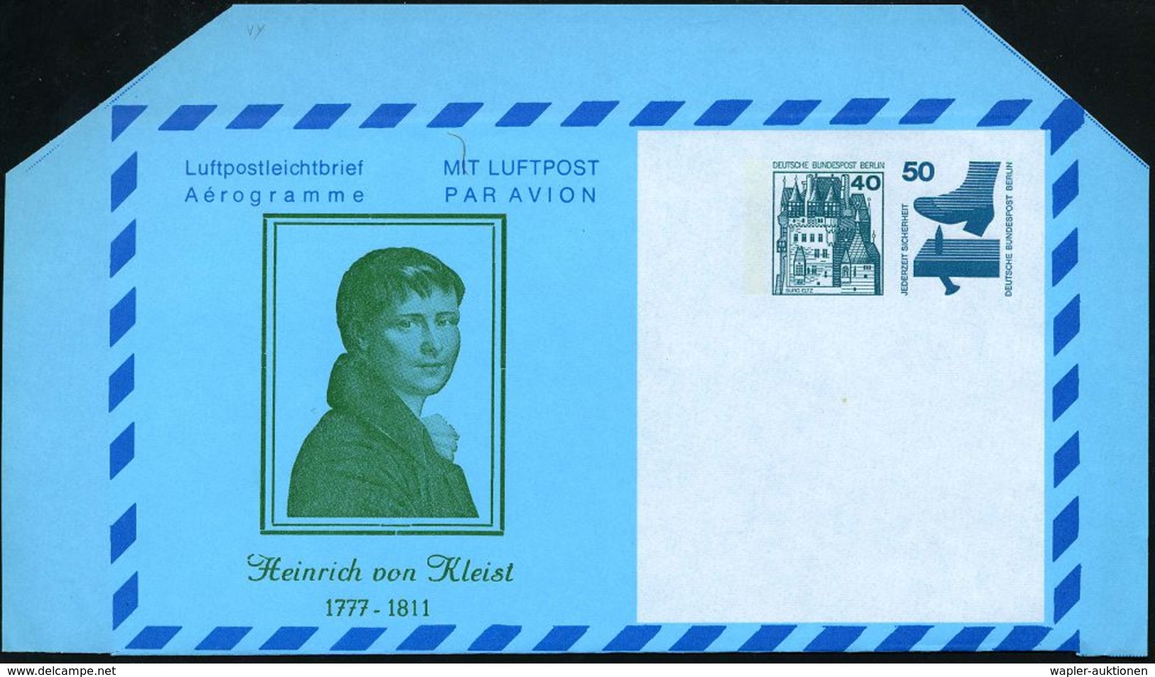 BERLIN 1977 40 Pf. + 50 Pf. Privat-Aerogramm: 200. Geburtstag Heinrich V. Kleist (Brustbild Kleist) Ungebr. (Mi.LF 5) -  - Schrijvers