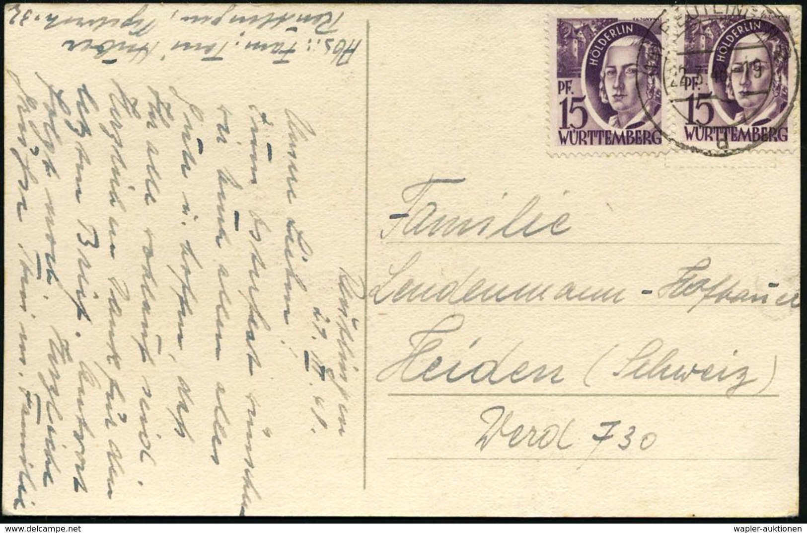 WÜRTTEMBERG 1948 (22.3.) 15 Pf. Hölderlin, Viol., Reine MeF: 2 Stück , Portorichtige Bedarfs-Ausl.-Karte (Mi.5 MeF, + 50 - Schrijvers