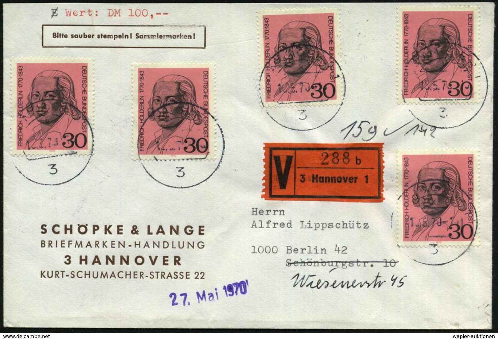 B.R.D. 1970 (15.5.) 30 Pf. F. Hölderlin, Reine MeF: 5 Stück + VZ: 3 Hannover 1/b, Firmen-Inl.-Wert-Bf. "100.- DM", Selte - Schrijvers