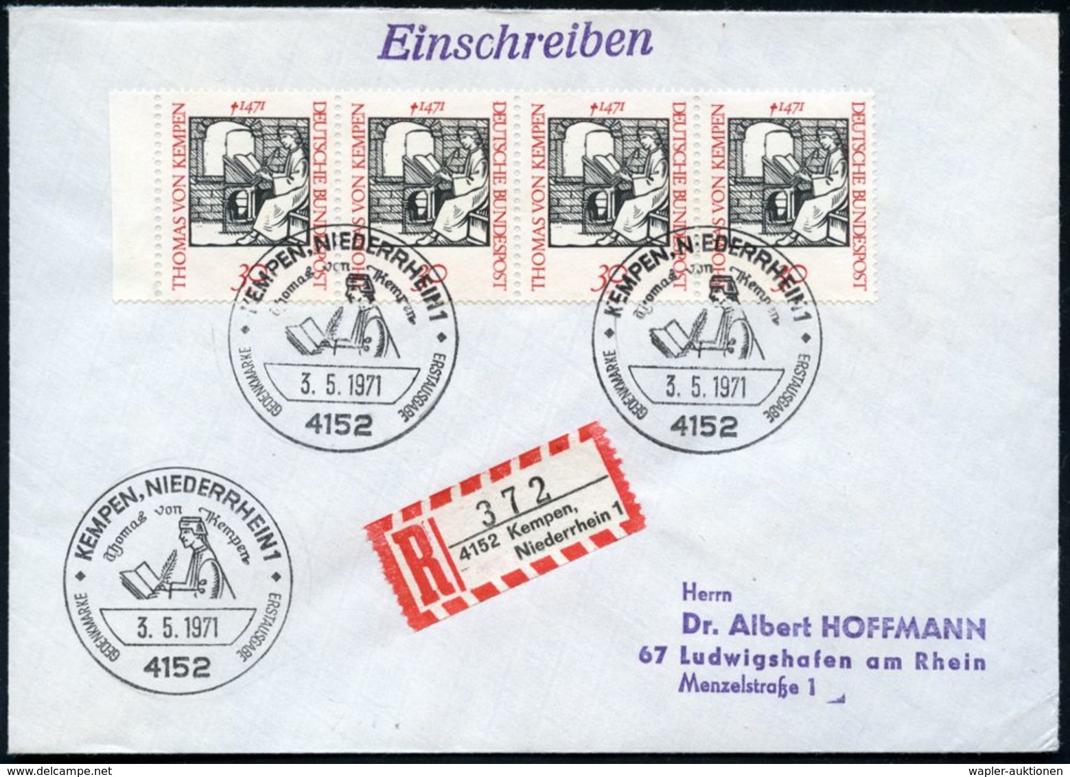 B.R.D. 1971 (3.5.) 30 Pf. "500. Todestag Thomas Von Kempen", Reine MeF: Rand-4er-Streifen = Autor, Mystiker, Chorherr +  - Schrijvers