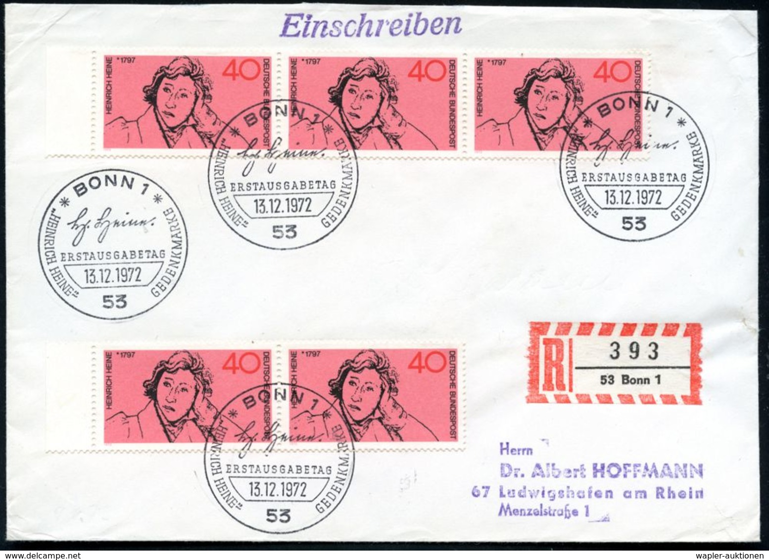 B.R.D. 1972 (13.12.) 40 Pf. "175. Geburtstag Heinrich Heine", Reine MeF: 3er-Streifen + Paar = 5 Stück +  ET-SSt (BONN 1 - Ecrivains