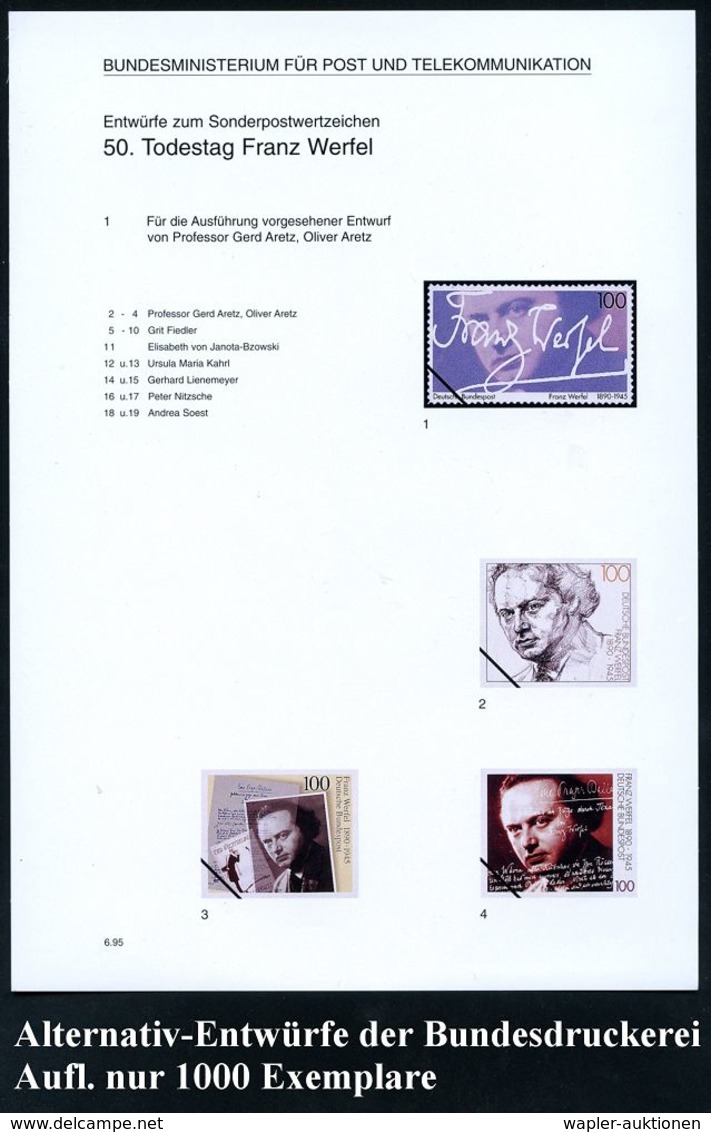 B.R.D. 1995 (Juni) 100 Pf. "50. Todestag Franz Werfel" = Jüdischer Autor U. Dichter, 19 Verschiedene Alternativ-Entwürfe - Ecrivains