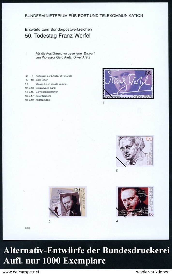 B.R.D. 1995 (Juni) 100 Pf. "50. Todestag Franz Werfel" = Jüdischer Autor U. Dichter, 19 Verschiedene Alternativ-Entwürfe - Scrittori