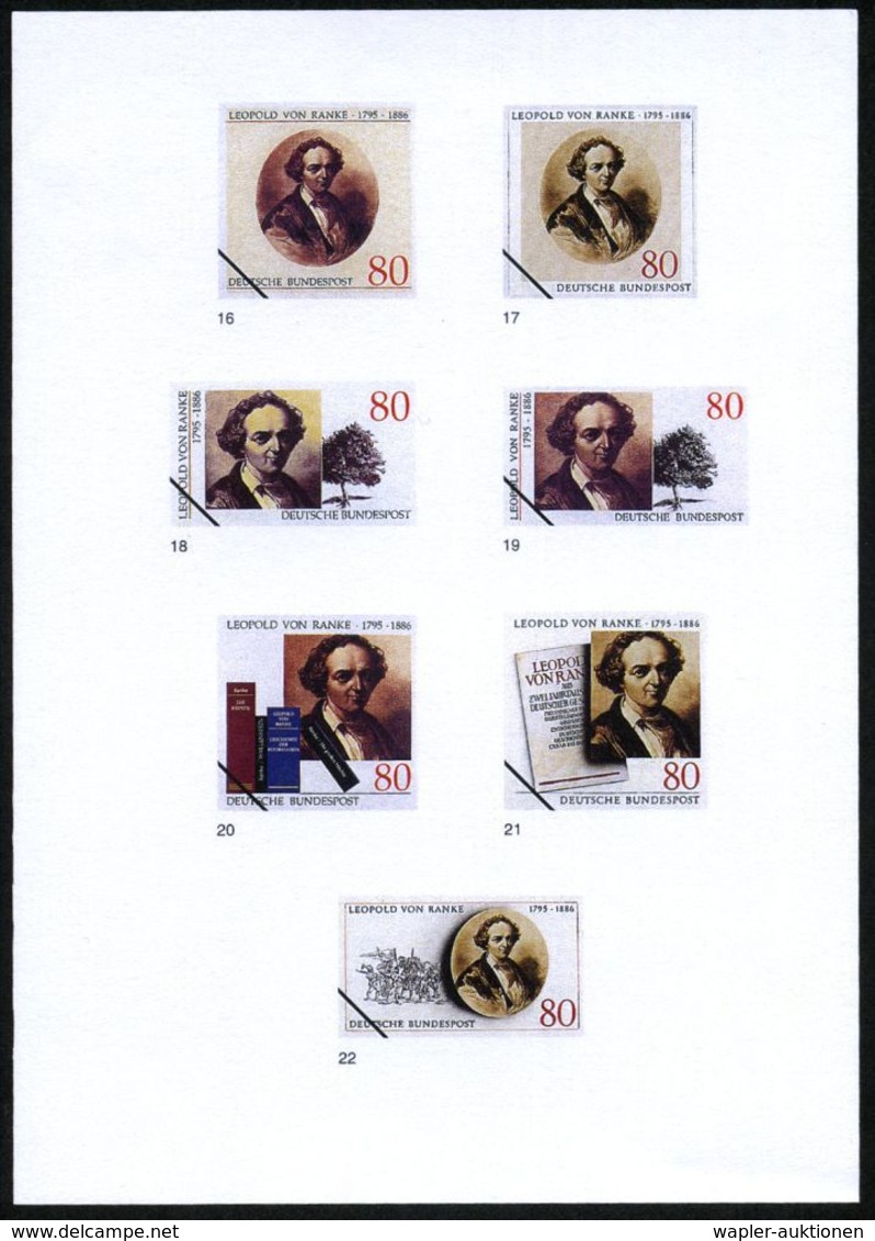 B.R.D. 1995 (Sept.) 80 Pf. "200.Geburtstag Leopold V. Ranke", 22 Verschied. Color-Entwürfe D. Bundesdruckerei Auf 4 Entw - Ecrivains