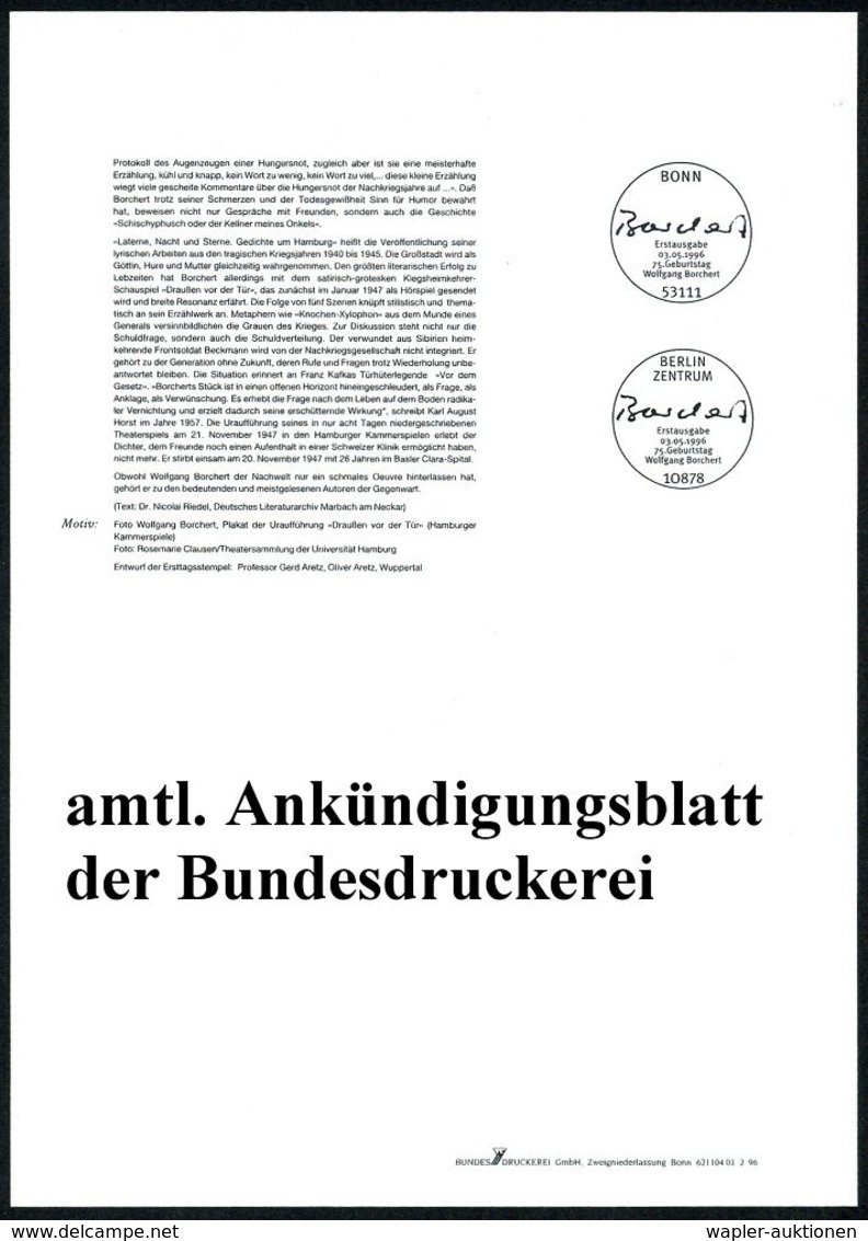 B.R.D. 1996 (Mai) 100 Pf. "75. Geburtstag Wolfgang Borchert" Mit Amtl. Handstempel  "M U S T E R" , Postfr. + Amtl. Ankü - Ecrivains