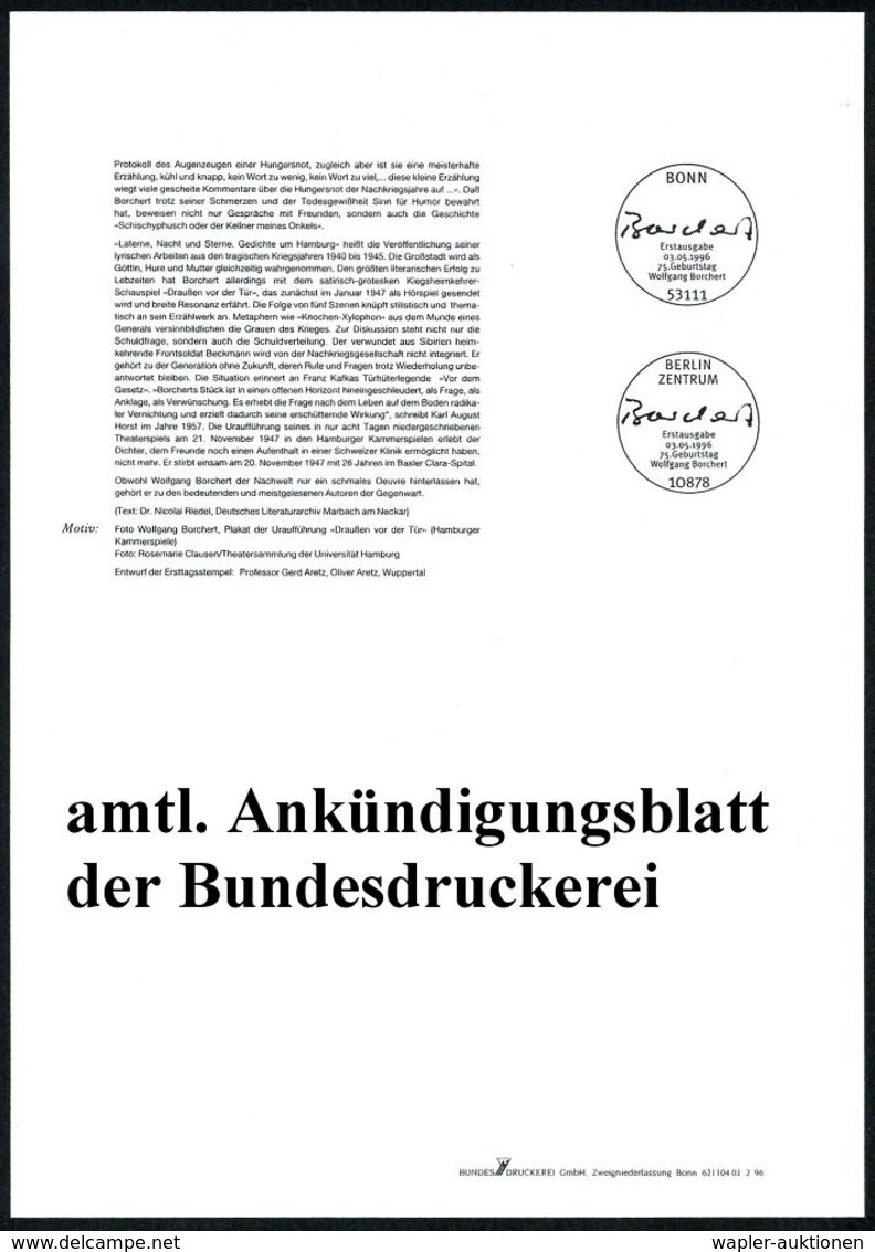 B.R.D. 1996 (Mai) 100 Pf. "75. Geburtstag Wolfgang Borchert" Mit Amtl. Handstempel  "M U S T E R" , Postfr. + Amtl. Ankü - Scrittori