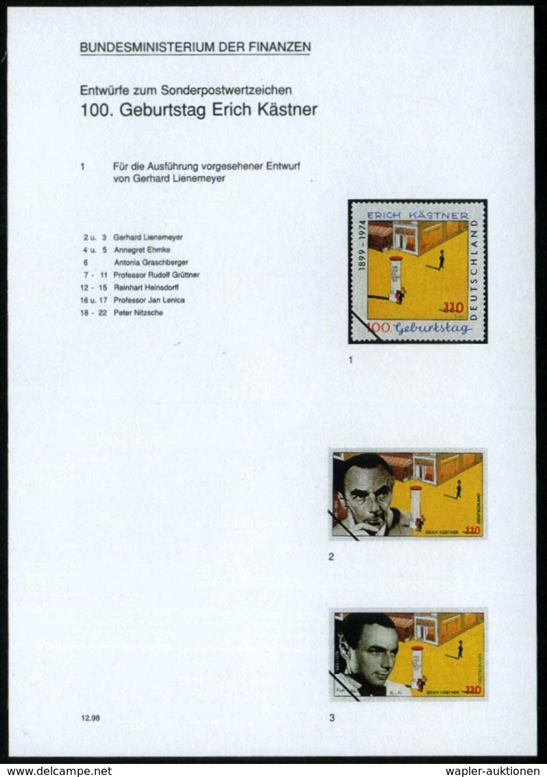 B.R.D. 1998 (Dez.) 100 Pf. "Erich Kästner", 22 Verschied. Color-Entwürfe Der Bundesdruckerei Auf 5 Entwurfs-Blättern Kom - Ecrivains