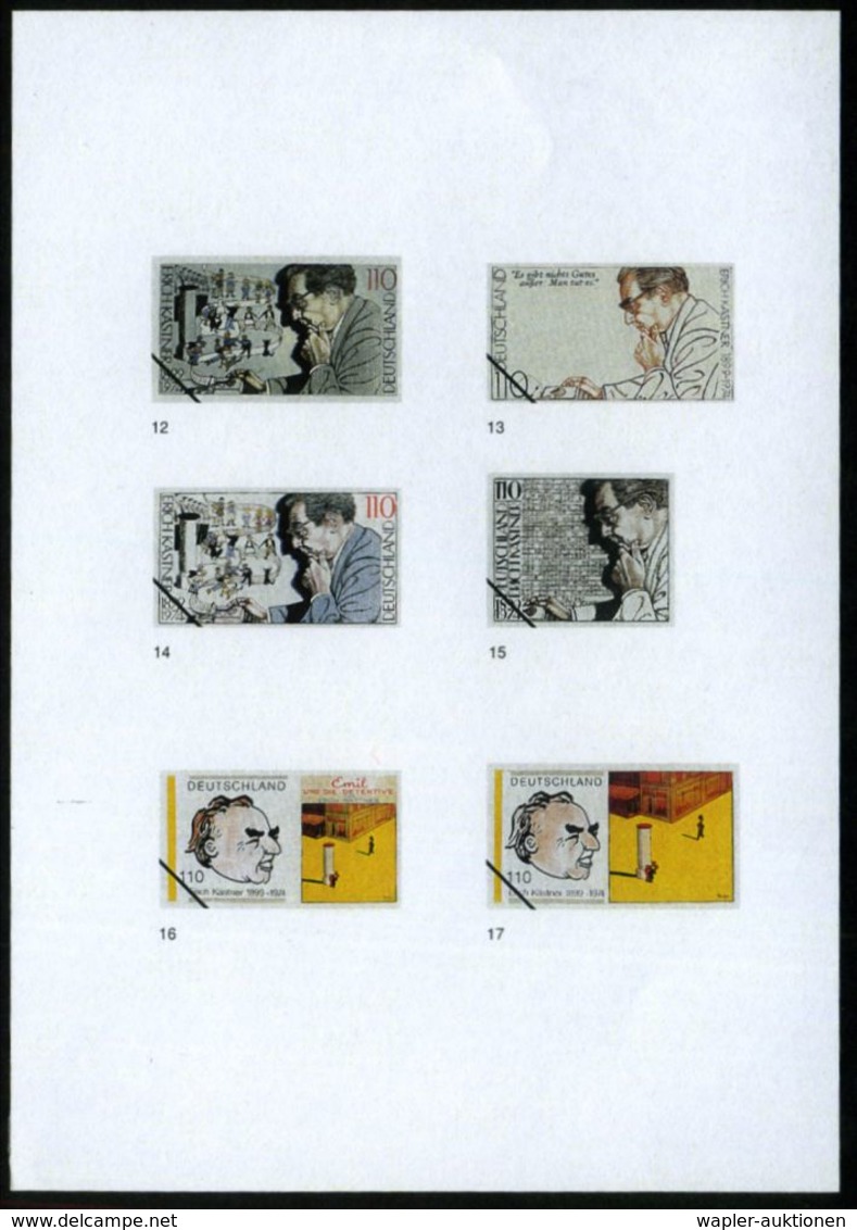 B.R.D. 1998 (Dez.) 100 Pf. "Erich Kästner", 22 Verschied. Color-Entwürfe Der Bundesdruckerei Auf 5 Entwurfs-Blättern Kom - Ecrivains