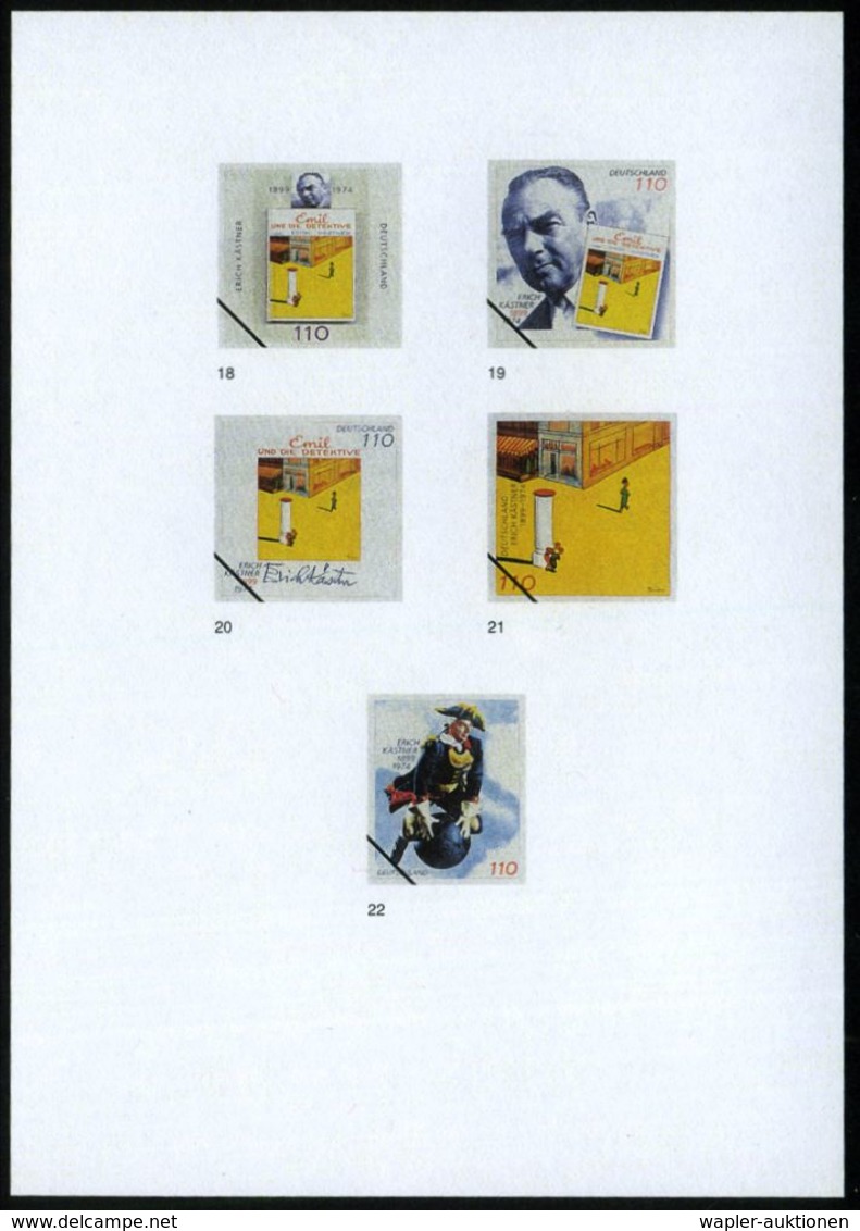 B.R.D. 1998 (Dez.) 100 Pf. "Erich Kästner", 22 Verschied. Color-Entwürfe Der Bundesdruckerei Auf 5 Entwurfs-Blättern Kom - Writers