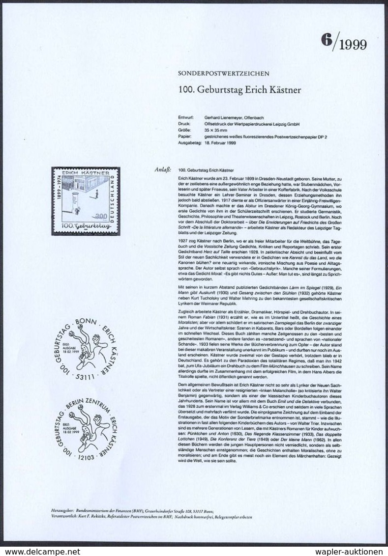 B.R.D. 1999 (Feb.) 300 Pf. "100. Geburtstag Erich Kästner" + Amtl. Handstempel:  "M U S T E R " , Postfr. = Illustration - Schrijvers