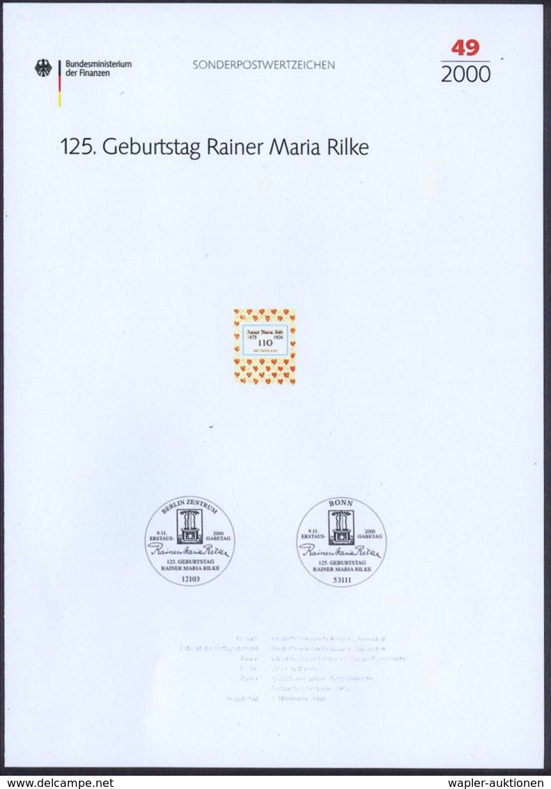 B.R.D. 2000 (Nov.) 110 Pf. "125. Geburtstag Rainer M. Rilke" Mit Amtl. Handstempel  "M U S T E R"  ,postfr. (Bucheinband - Schrijvers