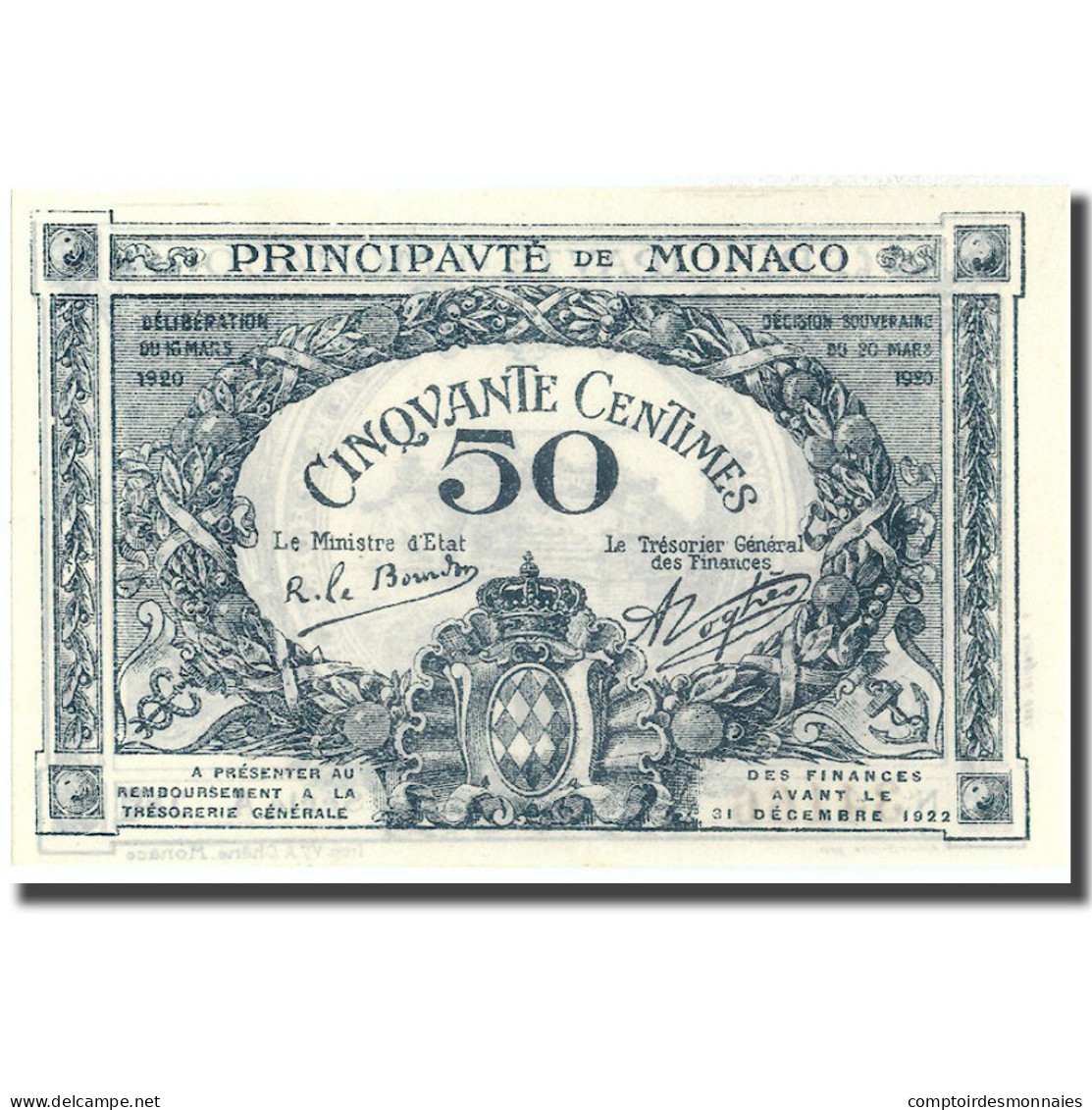 Billet, Monaco, 50 Centimes, 1920, 1920-03-20, KM:3a, NEUF - Mónaco
