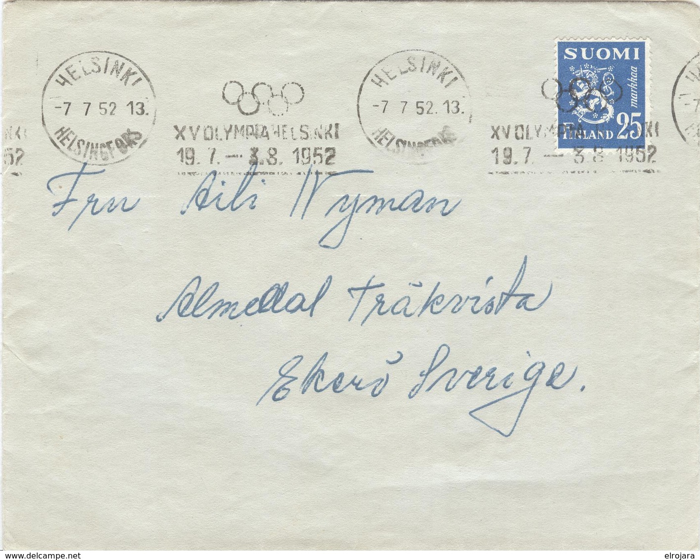 FINLAND Cover With Olympic Machine Cancel Helsinki XV Olympia 19.7-3.8.1952 Send To Sweden - Summer 1952: Helsinki