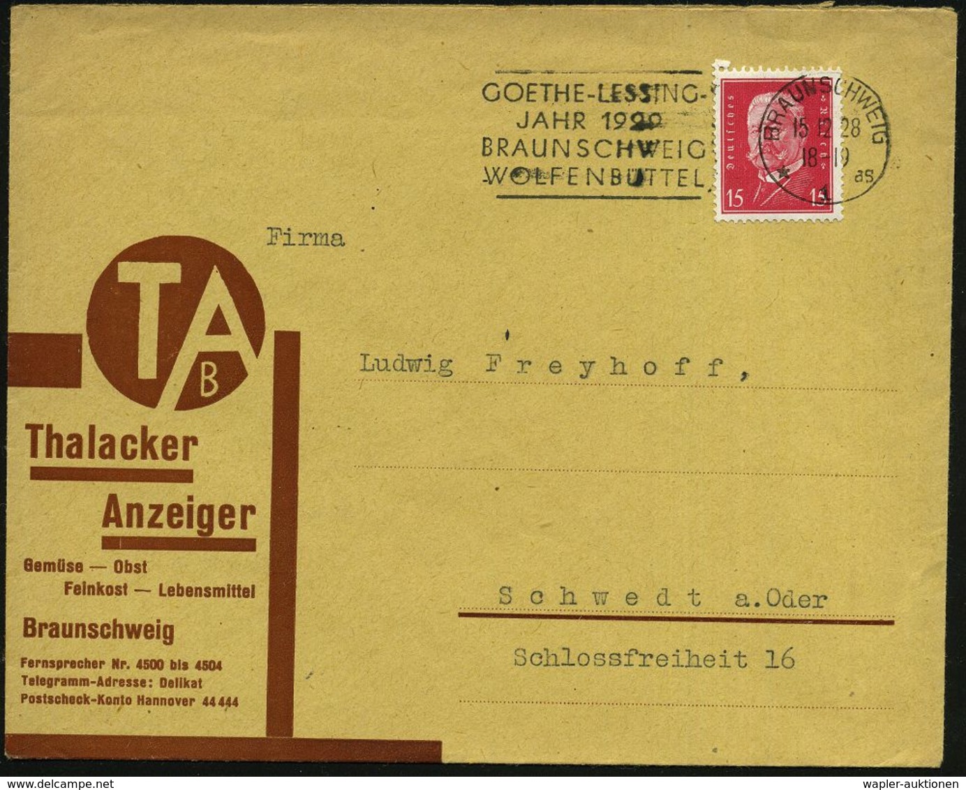 BRAUNSCHWEIG/ *1as/ GOETHE-LESSING-/ JAHR 1929.. 1928 (15.12.) MWSt Klar Auf Firmen-Bf. (Bo.S 88 A , Nur In 2 Orten Verw - Schriftsteller