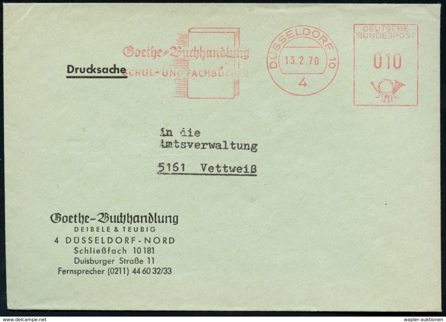 4 DÜSSELDORF 10/ Goethe-Buchhandlung.. 1970 AFS (Buch) Auf Firmen-Bf: G O E T H E - Buchhandlung Deibele & Teubig (Dü.E- - Ecrivains