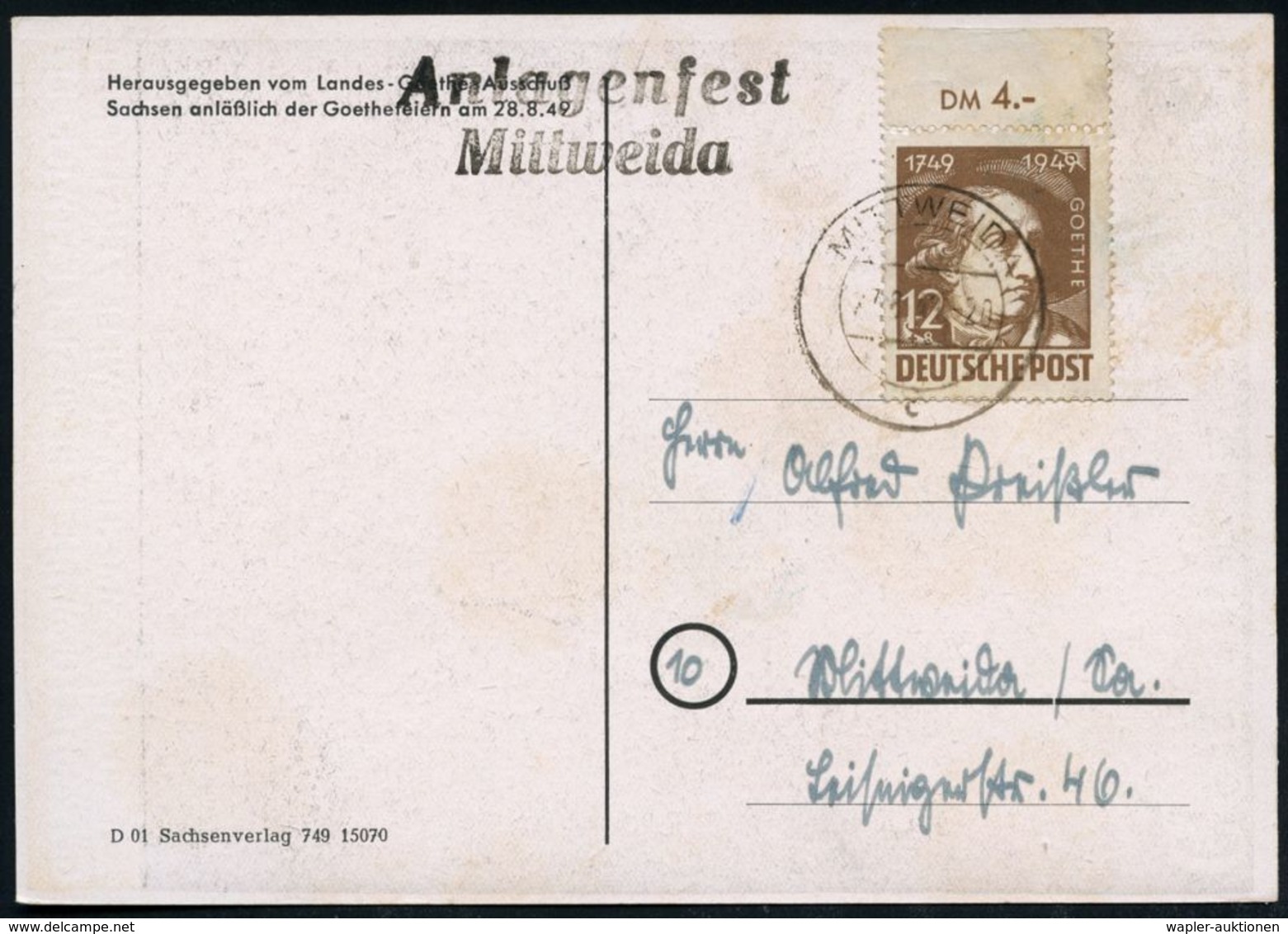 S.B.Z. 1949 (27.8.) 12 Pf. + 8 Pf. "200. Geburtstag Johann W. V. Goethe", EF Oberrandstück, 2K-Steg: MITTWEIDA/c + Viol. - Schriftsteller