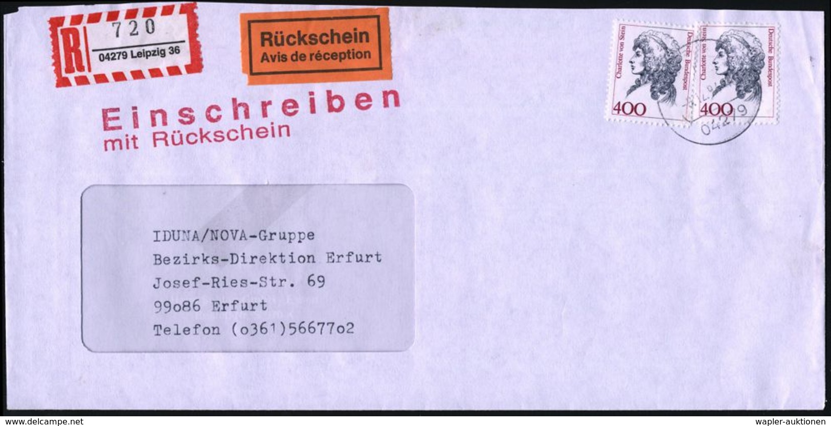 B.R.D. 1994 400 Pf. Charlotte V.Stein, Reine MeF: Senkr. Paar , Gest + RZ: 04279 Leipzig 36, Portorichtiger Orts-R-Bf. " - Schriftsteller