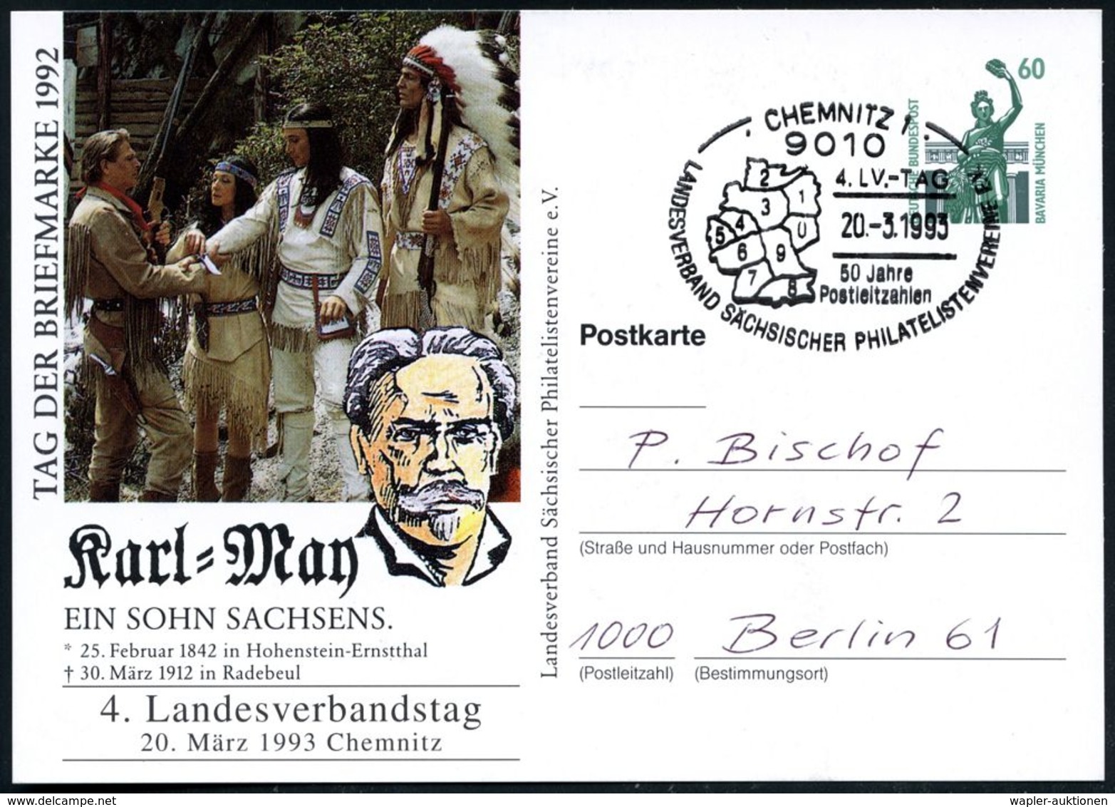 9010 CHEMNITZ 1/ 50 Jahre/ Postleitzahlen.. 1993 (20.3.) SSt (neue PLZen) Auf PP 60 Pf. Bavaria: Karl May/ EIN SOHN SACH - Schriftsteller