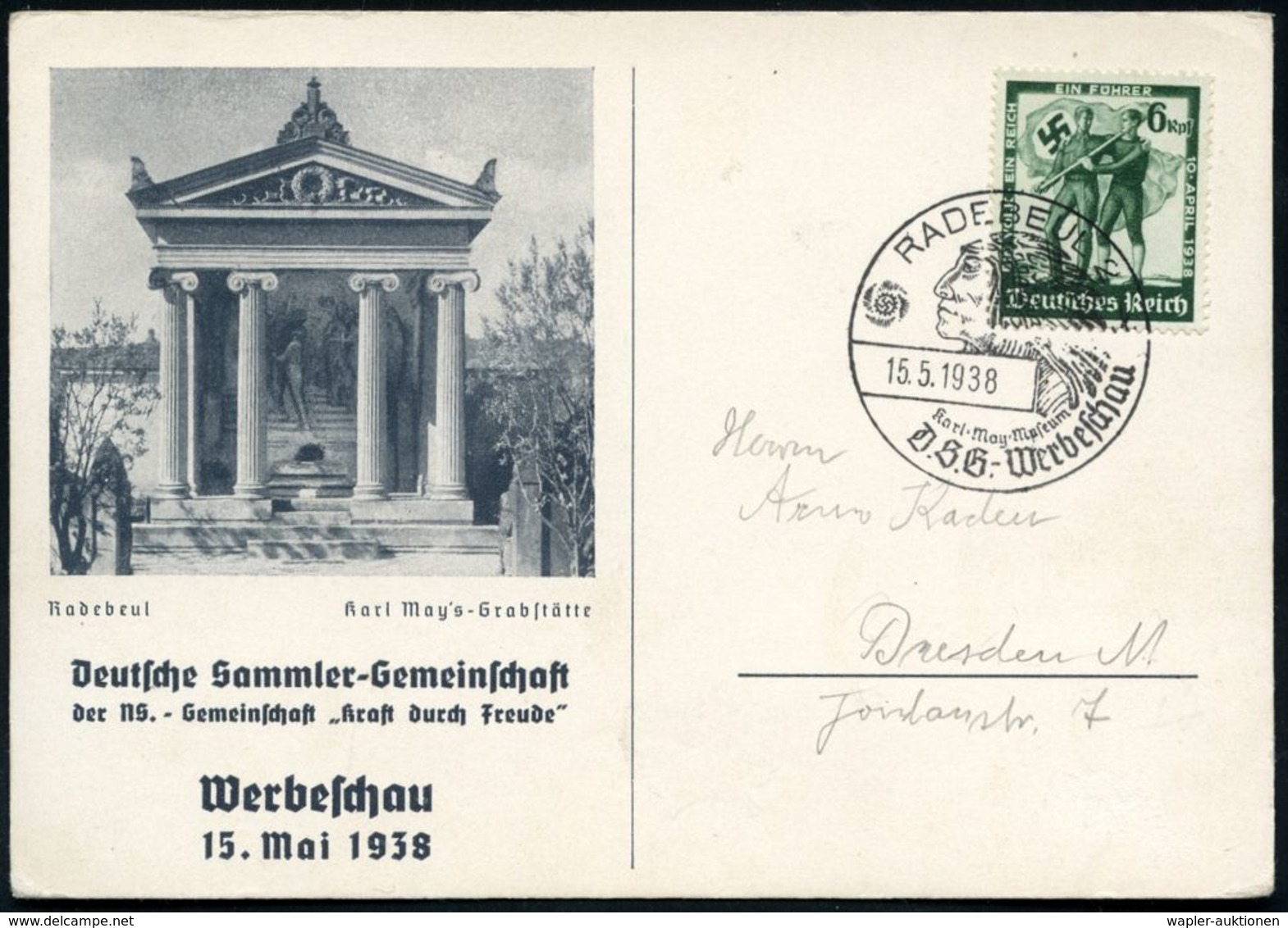 RADEBEUL 2/ Karl-May-Museum/ DSG.. 1938 (15.5.) SSt = Indianerkopf Mit Federschmuck Klar Auf Orts-Sonder-Kt.: Karl-May-M - Ecrivains