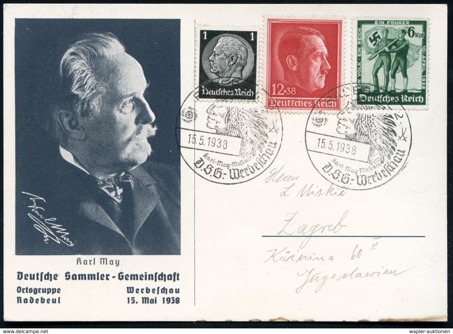 RADEBEUL 2/ Karl-May-Museum/ DSG-Werbeschau 1938 (15.5.) SSt = Indianerkopf Mit Fedrschmuck 2x Klar Auf DSG-Sonder-Kt: K - Scrittori
