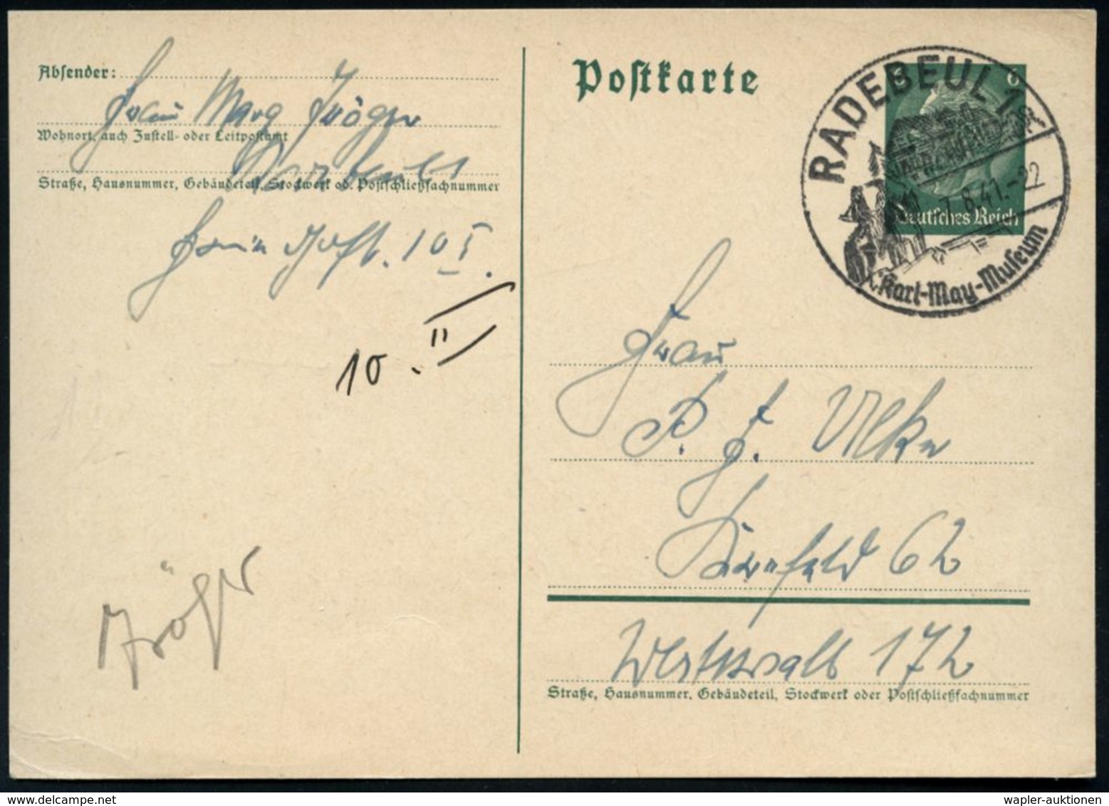 RADEBEUL 1/ Karl-May-Museum 1941 (7.8.) HWSt = Old Shatterhand U. Winnetou (zu Pfer Vor Villa "Bärenfett") Klar Gest. Be - Schrijvers
