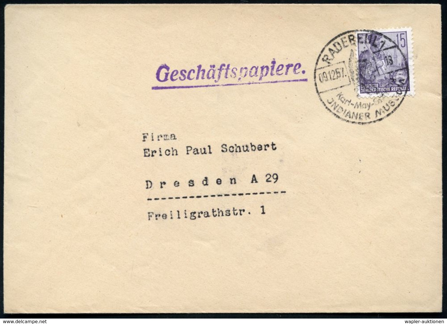 RADEBEUL 1/ Karl-May-Stiftung/ JNDIANER MUSEUM 1957 Seltener HWSt = Indianer-Kopf , Klar Gest. Bedarfs-Bf. (Bo.8 , Erstj - Schrijvers
